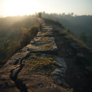 A cinematic close-up scene showing ancient Maratha fort walls at...