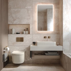 Capture a full view of a tiny yet luxurious bathroom featuring a...