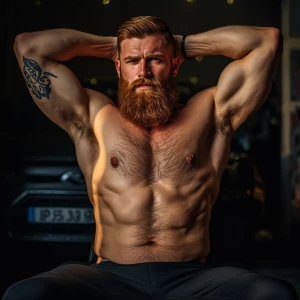 Generate an image of a shirtless man with a muscular build and a...