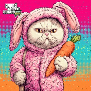 A humanoid cat dressed in a fluffy pink bunny costume, complete...
