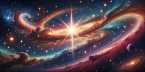 A mesmerizingly surreal cosmic landscape, with swirling galaxies...