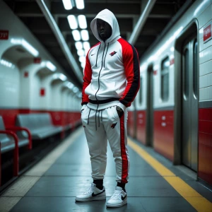 a man in a white, black, and red tracksuit and white sneakers, w...