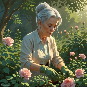 2D soft painterly illustration of Pinkie Floyd — an elegant elde...