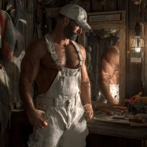 Generate an image of a muscular and hairy handyman without a shi...