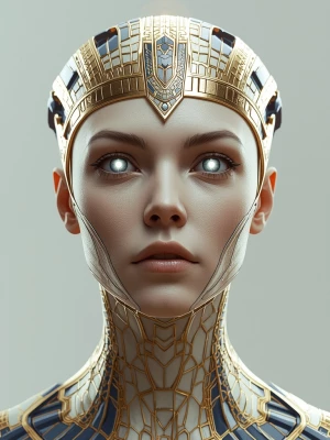 A serene female techno-goddess inspired by ancient Egypt, front-...