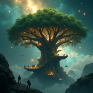 A colossal banyan-like tree floating in outer space, transformed...