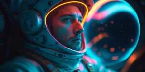 In a luminously serene scene, a timeless neon-lit moon miner gaz...