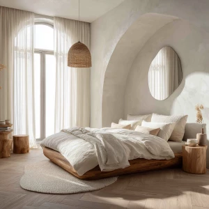 Photo-realistic interior of an organic-curves bedroom, wide-angl...