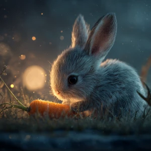 adorable baby rabbit discovering a softly glowing golden carrot...