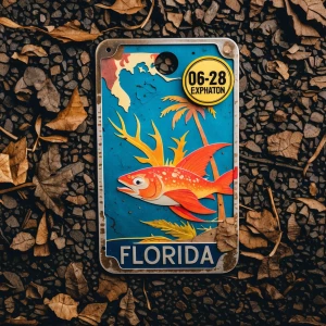 Realistic florida tag with 06-28 expiration sticker on the top r...