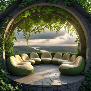 Create a serene scene at an overlook alcove perched on a slender...