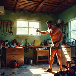 Create a stable diffusion for a handyman, working in a garage, b...