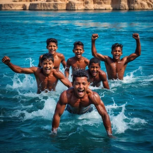 A group of energetic  muscled 16-year-old boys excitedly splashi...