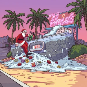 GTA Vice City loading screen panel: Elon Musk as santa-elf. beac...