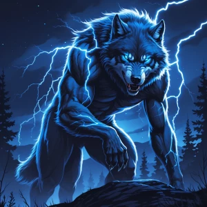 Midnight blue male werewolf with blue lightning powers