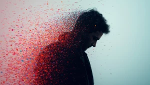 Visual: A man or a silhouette dissolving into pixelated motion b...