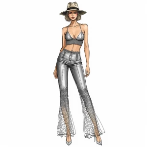 sketch drawing of a model fashion-sketch wearing silver crochet...