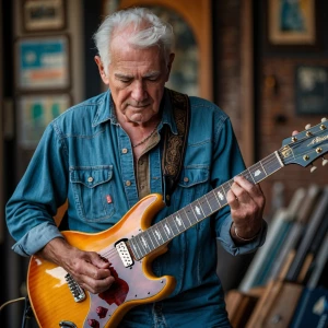 Old man playing rock guitar