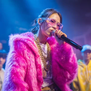 An K-pop female bali 19, on a rap battle stage, holding a microp...