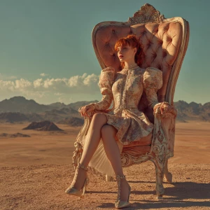 Redhead supermodel sitting on a luxury chair in the middle of a...
