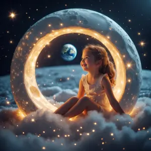 “A glowing Moon shown . A young girl is sitting happily inside t...