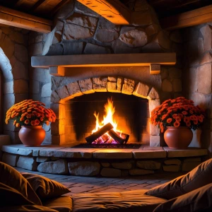 In a cozy Forest Flame Hearth Room, a crackling fire illuminates...