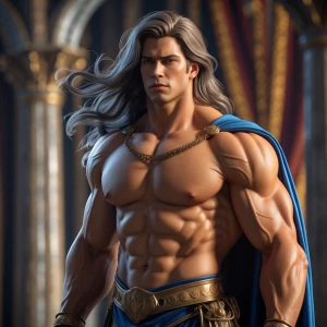 Create an image of a muscular prince with long, flowing hair and...