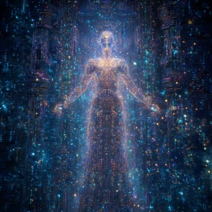 A virtually transcendent virtual AI deity, glowing with ethereal...