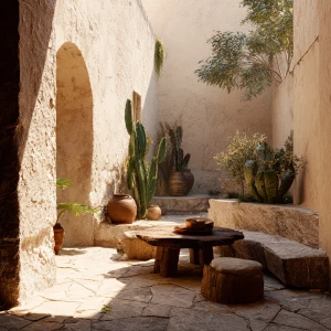 Create a detailed image of a desert-inspired courtyard with ston...