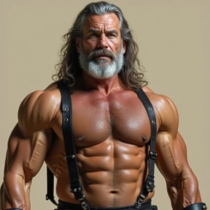 The image depicts a muscular, shirtless older man with a rugged,...