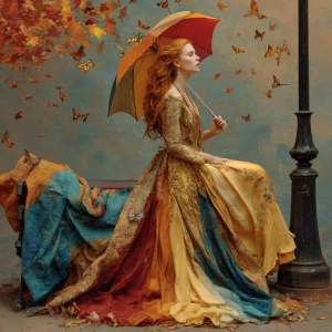 A woman stands elegantly on a park bench, holding a vibrant umbr...