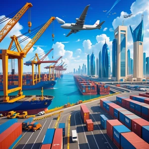 Dynamic animated cartoon construction boom, massive Jebel Ali Po...