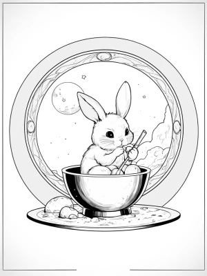 Manga style, a cute rabbit on the moon, seen through a stylized,...