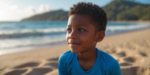 **Cena de Praia**: Imagine um menino afrodescendente de 11 anos,...
