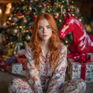 woman sitting near Christmas tree looking into the camera in Chr...