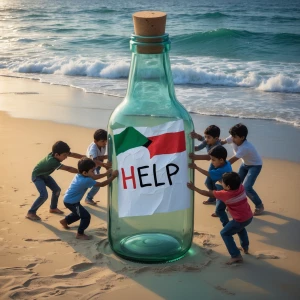 A giant glass bottle lies on a sand beach,inside the bottle, the...