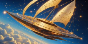 In a fantastical realm, an ethereal solar sailer adorns the skie...