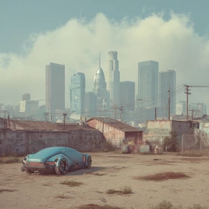 Generate an image of a vacant urban lot set in a futuristic land...