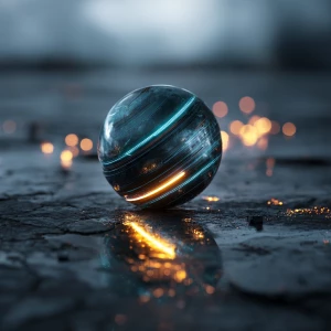 rain-slick pavement lies a mysterious spherical device, spinning...