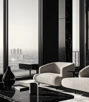 monochrome luxury living room, matte black furniture, cream bouc...