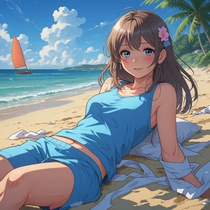 Create a anime girl lying in the beach