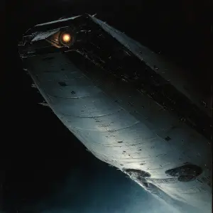 A foreboding shadowy starship brig, shrouded in darkness and mys...