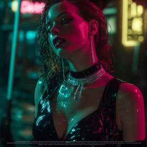 “Neon noir femme-fatale aesthetic, cinematic lighting, glossy bl...