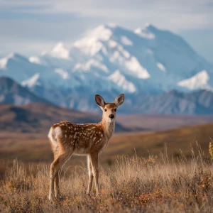 Freckles the baby fawn stands in the vast tundra meadow with Mou...