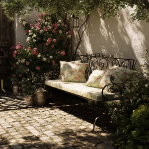Create a serene outdoor garden scene with a rustic charm. Includ...