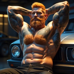 The image features a shirtless man with a muscular and beefy bui...
