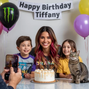 Banner states “Happy Birthday Tiffany”
35 year old woman with lo...
