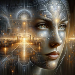 In the center of the painting, an intricate nanotechnology marve...