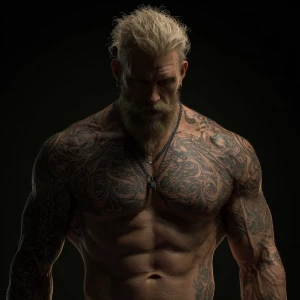 Generate an image of a strong male bodybuilder with blonde hair...