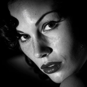 A femme fatale portrait in classic noir style, black and white,...